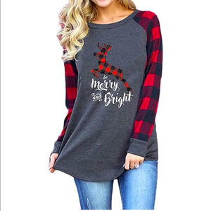 🎅🏽🆕 Merry and Bright Women’s Christmas Top Buffalo plus sleeves and rein…